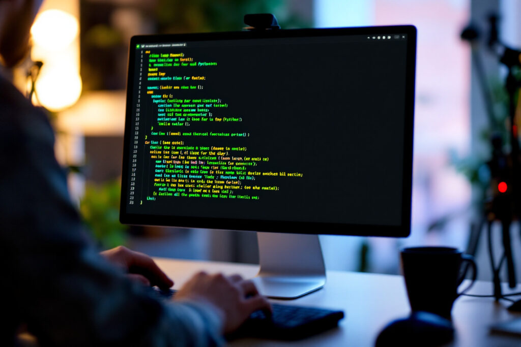 A Python programming test interface featuring: Code Editor: Syntax-highlighted Python script with sample problem (e.g., 'Reverse a string') Output Console: Displaying test case results (✓/✗) and runtime metrics Question Panel: Problem statement with constraints (time/space complexity).