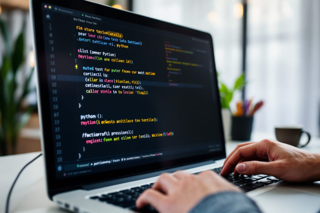 A Python programming test interface featuring: Code Editor with syntax highlighting (keywords in blue, strings in green) Problem Statement (e.g., 'Write a function to calculate factorial') Output Console showing test case results (✓/✗)