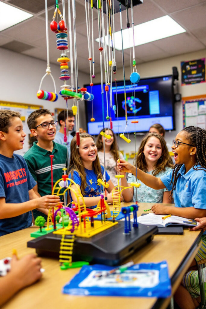 An engaging Grade VIII Physics infographic featuring key concepts: Motion: Distance-time graphs with toy car experiment visuals Sound: Wave diagrams showing frequency/pitch comparison Light: Concave/convex lens ray diagrams.