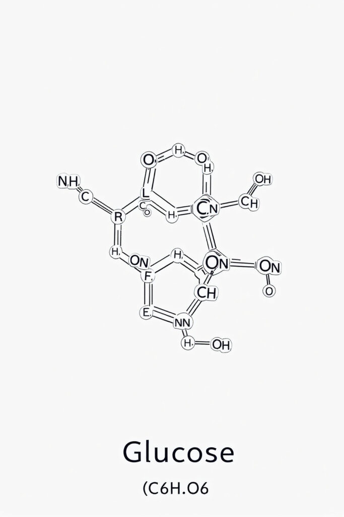 A 3D molecular model of Glucose (C₆H₁₂O₆) showing: Hexagonal ring structure with 6 carbon atoms (gray), 12 hydrogens (white), and 6 oxygens (red) Highlighted functional groups: Hydroxyl (-OH) and Aldehyde (-CHO) Alpha (α) and Beta (β) anomers labeled at the 1-carbon position.
