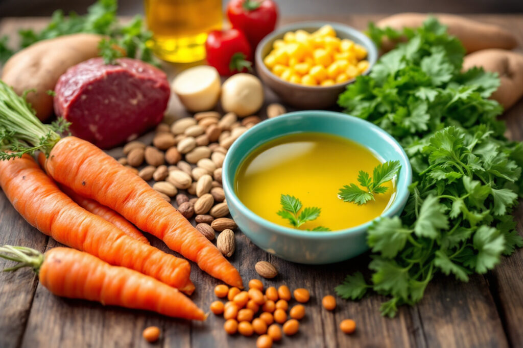 An educational infographic on Fats and Fat-Soluble Vitamins (A, D, E, K) featuring: Fat Types: Saturated (butter), unsaturated (olive oil), and trans fats (fried foods) with molecular diagrams Vitamin Breakdown: A (vision: carrot icon) D (bone health: sunlight → fish) E (antioxidant: nuts) K (clotting: leafy greens) Absorption Process: Fat-soluble vitamin uptake with bile/enzyme action.