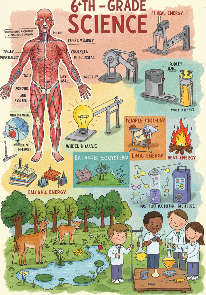 A vibrant Grade VI Science infographic featuring: Diverse Science Branches: Biology (plant cell diagram), Physics (simple machines), Chemistry (states of matter) Hands-on Learning: Step-by-step experiments (volcano eruption, magnet tricks) Real-World Connections: Photosynthesis in gardens, levers in playground seesaws.