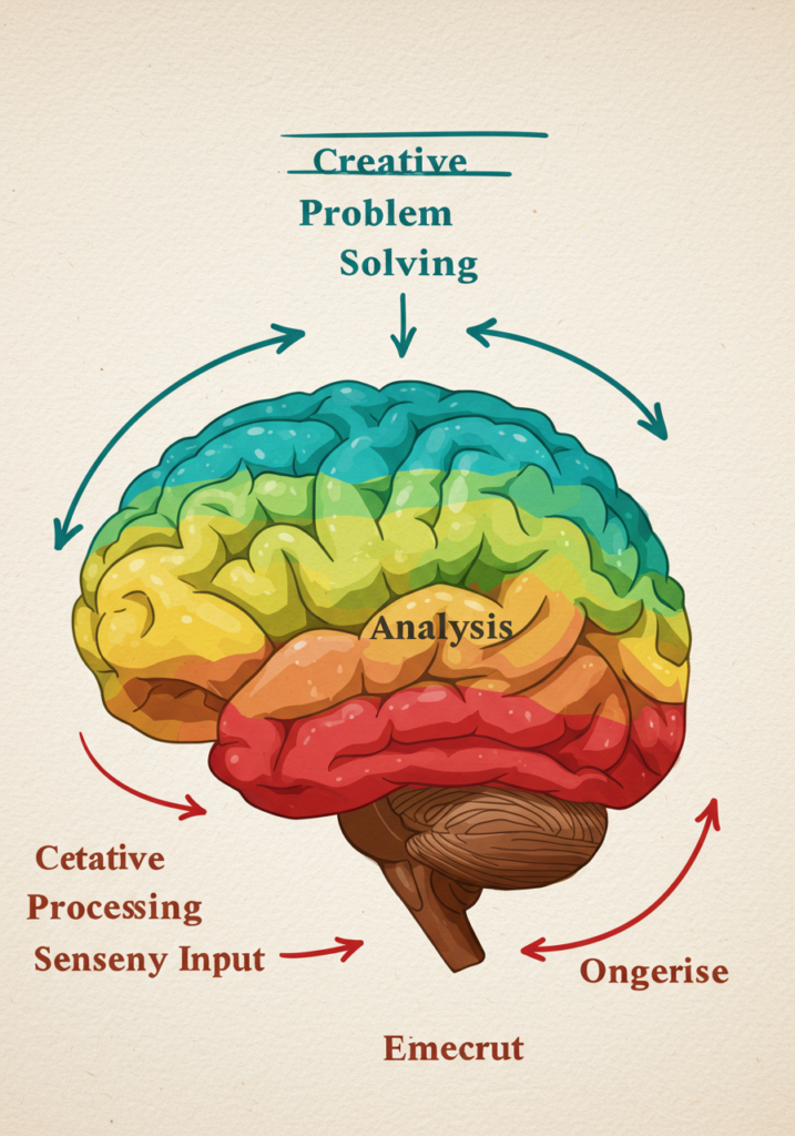An educational infographic on Higher Order Thinking Skills (HOTS) featuring: Bloom’s Taxonomy Pyramid: Analyzing, Evaluating, Creating levels highlighted Skill Examples: Analyzing: Graph interpretation, debate preparation Evaluating: Peer review, solution pros/cons Creating: Design thinking, innovation projects Classroom Strategies: Socratic questioning, case studies, and concept mapping templates