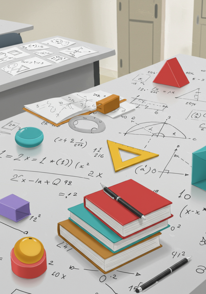 Colorful math infographic for Grade VI students featuring: Basic Operations: Addition/Subtraction of fractions with pie charts Geometry: Area calculations (rectangle, triangle) with formula boxes Word Problems: Real-life scenarios like pizza sharing or field measurements.