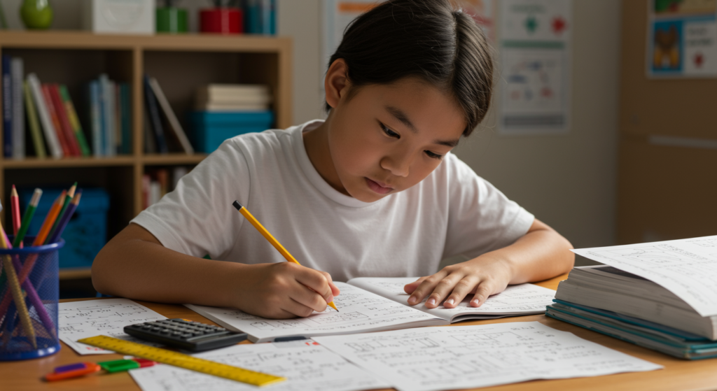 An educational resource titled 'Grade VI Practice Solutions' featuring: Solved Math Problems: Step-by-step solutions for fractions, decimals, and basic algebra (e.g., ¾ + ½ = 5/4) Science Q&A: Diagrams of plant cells, motion calculations (speed = distance/time) Language Tips: Grammar rules (subject-verb agreement) and creative writing prompts.