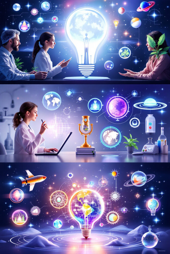 An infographic on Applications of Science featuring: Healthcare: Vaccine development, MRI scans, robotic surgery Technology: Smartphones, AI, and renewable energy (solar/wind) Environment: Climate modeling, pollution control, and sustainable agriculture Daily Life: GPS navigation, food preservation, and smart home devices.