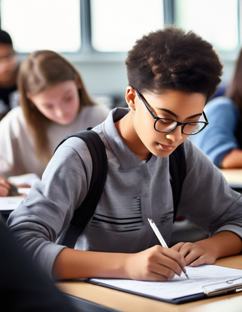 A Grade VI test paper with sections for Mathematics, Science, and English. Includes multiple-choice questions, short answers, and diagrams (e.g., a plant cell, geometry shapes). Questions cover topics like fractions, photosynthesis, and grammar rules.