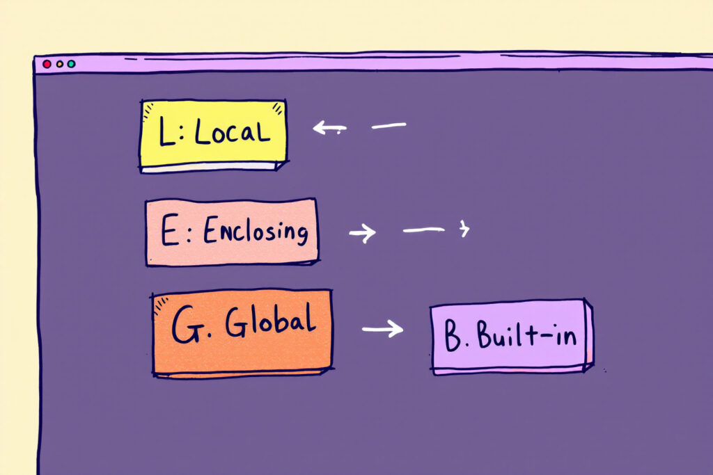 An educational infographic explaining the LEGB Rule in Python, featuring: Scope Hierarchy: Local → Enclosing → Global → Built-in (LEGB) with color-coded arrows Code Examples: Variable lookup scenarios in each scope (e.g., x=10 inside vs. outside functions) Common Pitfalls: Unintended variable shadowing and global/nonlocal keyword usage.