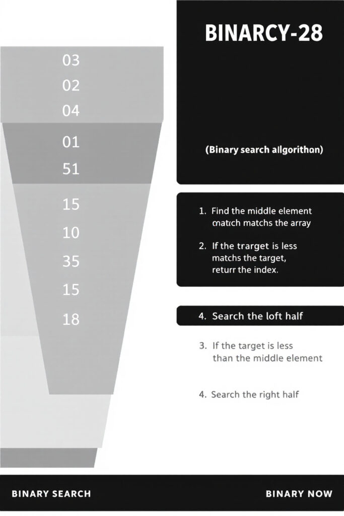 An educational infographic explaining Binary Search in Python, featuring: Algorithm Steps: Sorted array division, midpoint calculation, and element comparison Python Code Snippet: Clean while loop implementation with low, high, and mid variables Visual Example: Step-by-step search for number 23 in array [2, 5, 8, 12, 23, 38, 56].