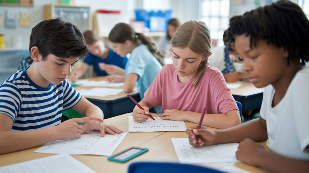 An educational infographic for Grade VI Questions featuring: Math Basics: Fractions, decimals, and geometry (area/perimeter) with visual examples Science Concepts: Simple machines, states of matter, and plant parts with labeled diagrams Language Skills: Grammar rules (tenses, nouns) and comprehension tips.