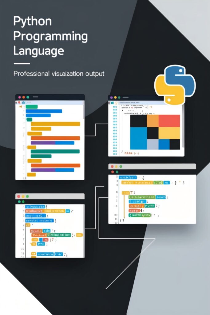 A vibrant infographic titled 'Python Programming Essentials' featuring: Python Logo & Key Features: Simple syntax, cross-platform compatibility, and dynamic typing illustrated with code snippets Core Concepts: Variables, loops (for, while), functions (def), and data structures (lists, dictionaries) Popular Libraries: NumPy (scientific computing), Pandas (data analysis), Matplotlib (visualization) with icons.