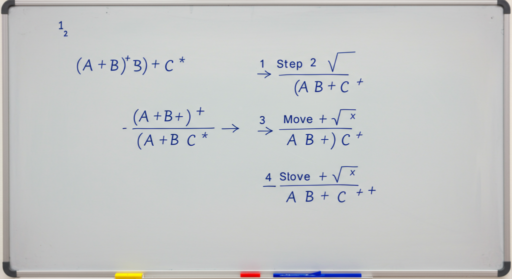 An educational diagram illustrating Infix to Postfix Conversion with: Color-coded infix expression (e.g., 'A+BC') being converted step-by-step to postfix ('ABC+') Interactive stack visualization showing push/pop operations for operators Operator precedence table (*/ > +-) with parenthesis handling rules.
