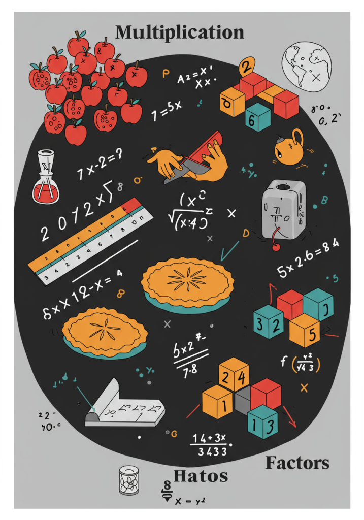 An educational infographic on Mathematics covering Multiplication, Division, Multiples, and Factors, featuring: Multiplication Methods: Grid method, long multiplication, and shortcuts (e.g., ×10, ×5 tricks) Division Techniques: Long division steps with examples (e.g., 456 ÷ 6) and remainders Multiples & Factors: Number trees, LCM/HCF calculations, and prime factorization