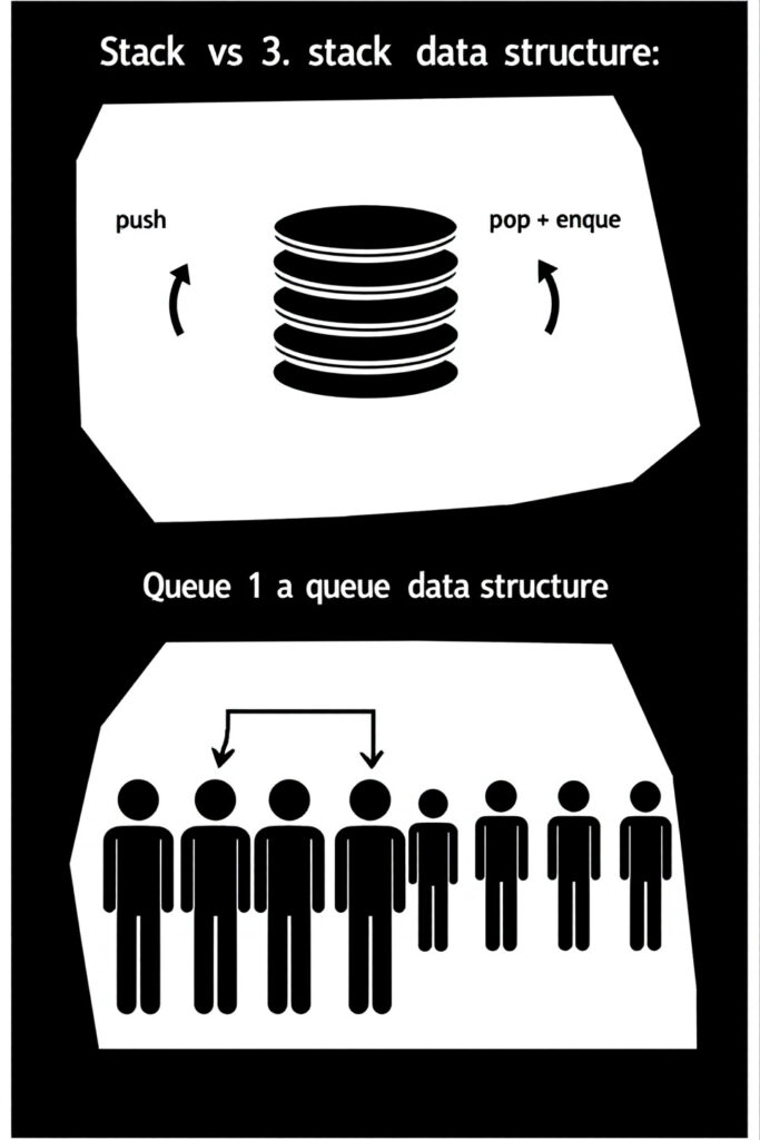 An educational infographic comparing Stacks and Queues in data structures, featuring: Stack LIFO Principle: Push/pop operations with browser back-button example Queue FIFO Principle: Enqueue/dequeue operations with ticket-counter analogy Visual Memory Diagrams: Array vs. linked-list implementations.