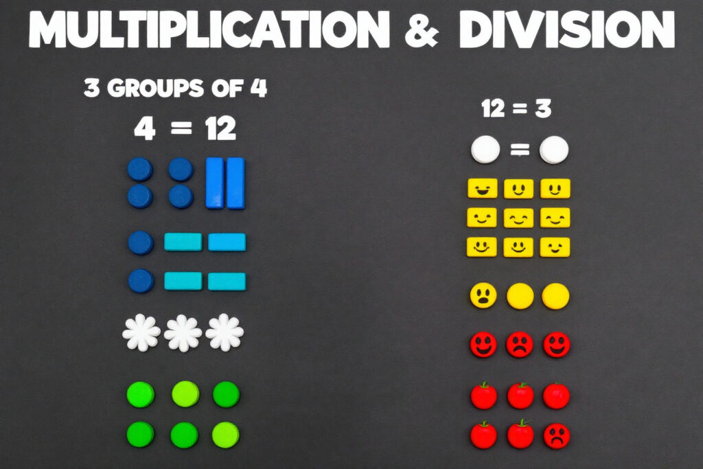 An educational infographic on Multiplication & Division featuring: Multiplication Methods: Lattice, long multiplication, and arrays with examples (e.g., 12 × 15) Division Techniques: Long division steps, remainders, and short division Visual Aids: Number lines, area models, and fact family triangles.