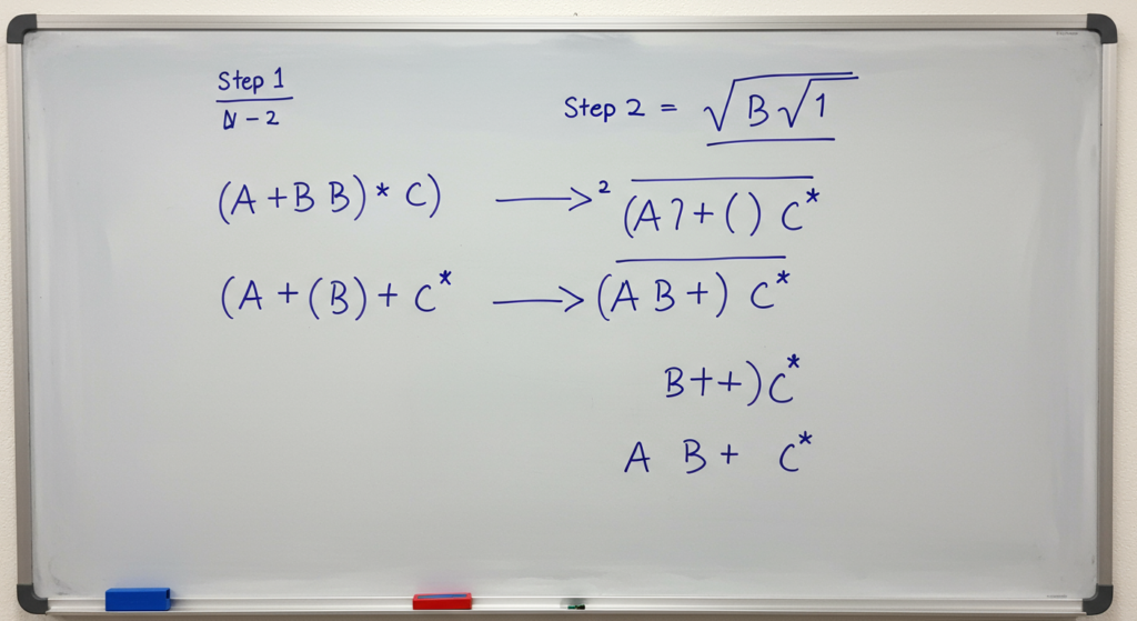 An educational infographic titled 'Infix to Postfix Conversion: A Step-by-Step Guide' showing: Algorithm Flowchart: Decision boxes for operators/operands with color-coded stack operations (push/pop) Live Example: Infix expression '3 + (4 × 2) / (1 - 5)' converting to postfix '3 4 2 × + 1 5 − /' Operator Precedence Table: Comparing *, /, +, - and parentheses Animation Frames: Stack states at each step with highlighted current symbol.