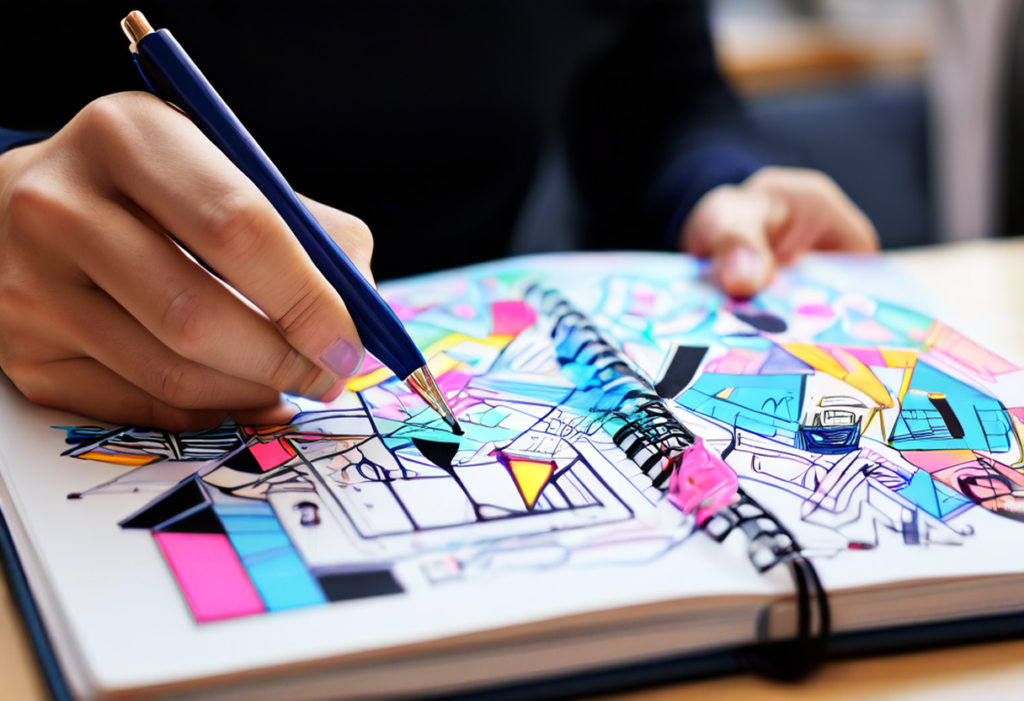 A vibrant infographic celebrating the art of doodling, featuring: Doodle Types: Zentangles, cartoon sketches, abstract patterns, and mind maps Creative Tools: Pen strokes, shading techniques, and color-blending examples Benefits: Stress relief, focus enhancement, and creativity boost with brain activation diagrams.