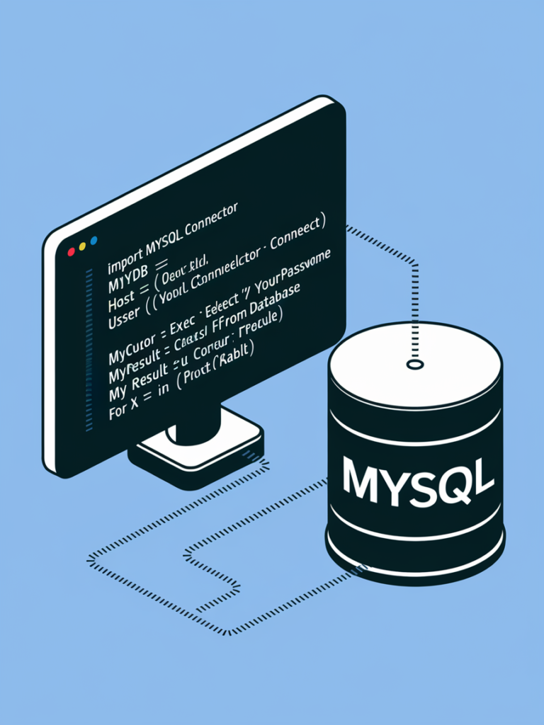 An educational infographic on Using MySQL with Python featuring: Database Connection: Code snippet showing mysql.connector setup with host, user, and password parameters CRUD Operations: Examples of Create (INSERT), Read (SELECT), Update (UPDATE), and Delete (DELETE) commands Error Handling: try-except blocks for managing database errors.