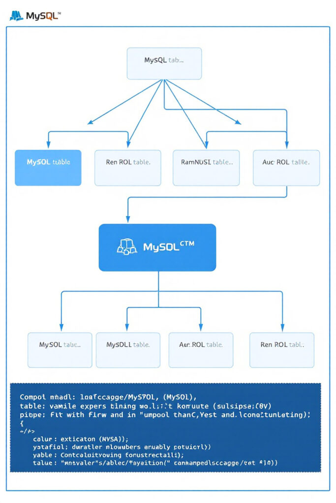 A technical infographic on Handling Tables in MySQL featuring: Table Creation: CREATE TABLE syntax with column datatypes (INT, VARCHAR) CRUD Operations: INSERT, SELECT, UPDATE, DELETE command examples Table Relationships: Primary/Foreign keys illustrated with JOIN diagrams (INNER, LEFT)