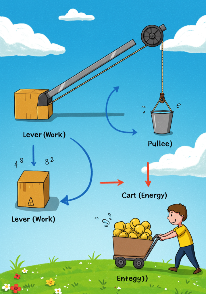 An educational infographic on Work, Force, and Energy featuring: Key Concepts: Definitions and formulas (Work = Force × Displacement, Kinetic Energy = ½mv²) with SI units (Joules, Newtons) Visual Demonstrations: Work: Pushing a box with force arrows Energy Types: Kinetic (moving car) vs. Potential (raised hammer) Real-World Applications: Simple machines (lever, pulley) Renewable energy (solar panels converting light to electrical energy).
