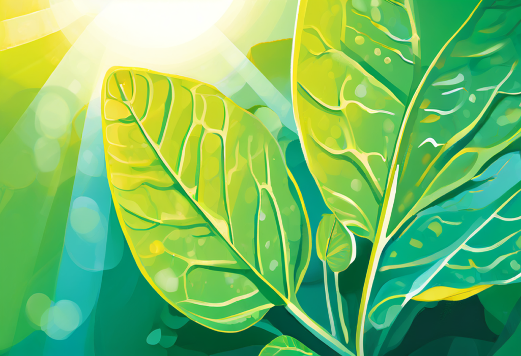 An illustrated diagram of photosynthesis showing a green leaf absorbing sunlight, water (H₂O) from roots, and carbon dioxide (CO₂) from the air to produce glucose (C₆H₁₂O₆) and oxygen (O₂). Key elements include: Chloroplasts (with zoom-in on thylakoids) Stomata (leaf pores for gas exchange) Chemical Equation: 6CO₂ + 6H₂O → C₆H₁₂O₆ + 6O₂ Energy Flow: Sunlight → Chemical energy (ATP/NADPH).