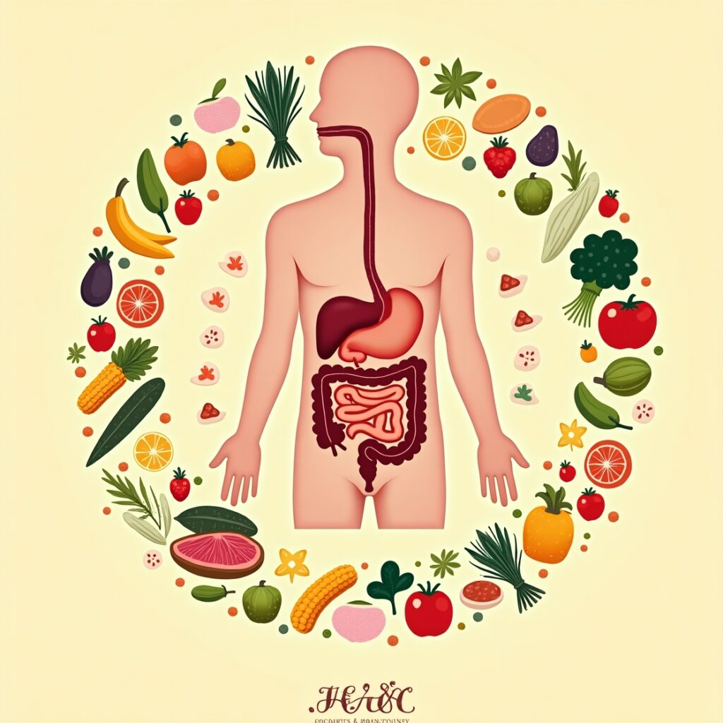An educational infographic on Digestion & Nutrition in Animals featuring: Human Digestive System: Labeled diagram from mouth to anus with organs (stomach, intestines) Enzyme Action: Amylase (mouth), pepsin (stomach), lipase (small intestine) breaking down food Nutrient Absorption: Villi in small intestine with capillary network
