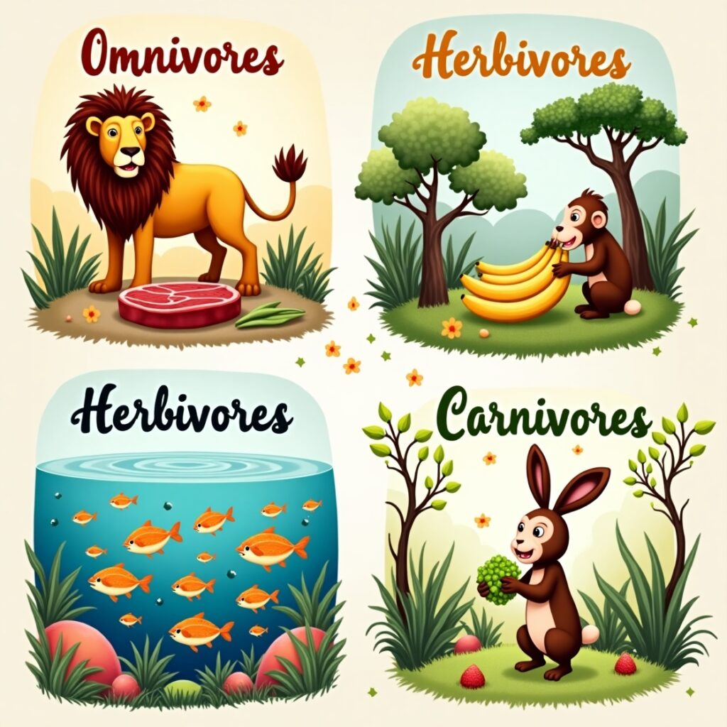 An educational infographic on Nutrition in Animals featuring: Digestive System: Human digestive tract with labeled organs (mouth, stomach, intestines) and enzyme actions Nutrition Types: Herbivores (cow), carnivores (lion), omnivores (human) with diet comparisons Nutrient Absorption: Villi in small intestine with capillary network.