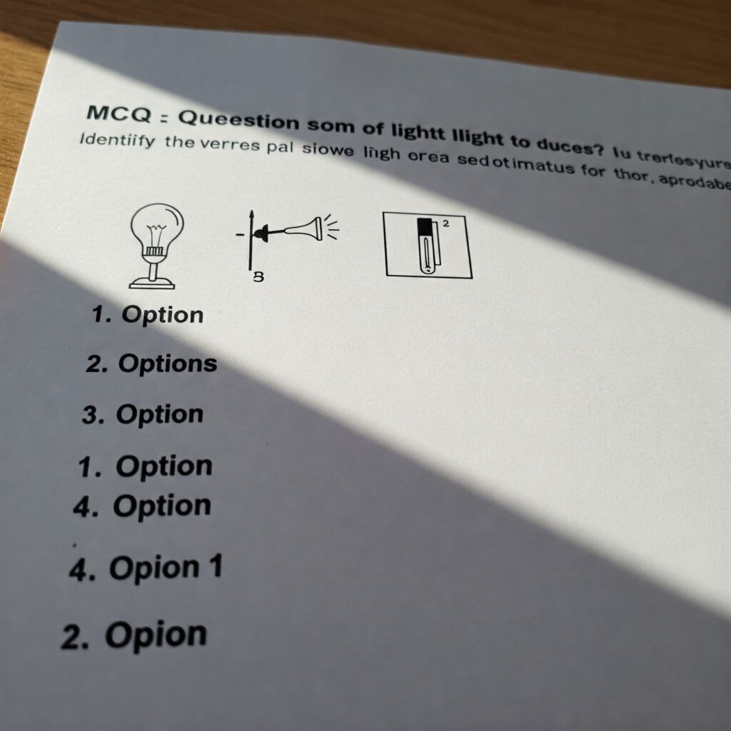 An interactive MCQ infographic on Light featuring: Ray Diagrams: Concave/convex lenses, mirrors with labeled foci Light Phenomena: Refraction (bent straw in water), dispersion (prism rainbow), and reflection (periscope) Human Eye: Labeled cross-section with cornea, lens, retina