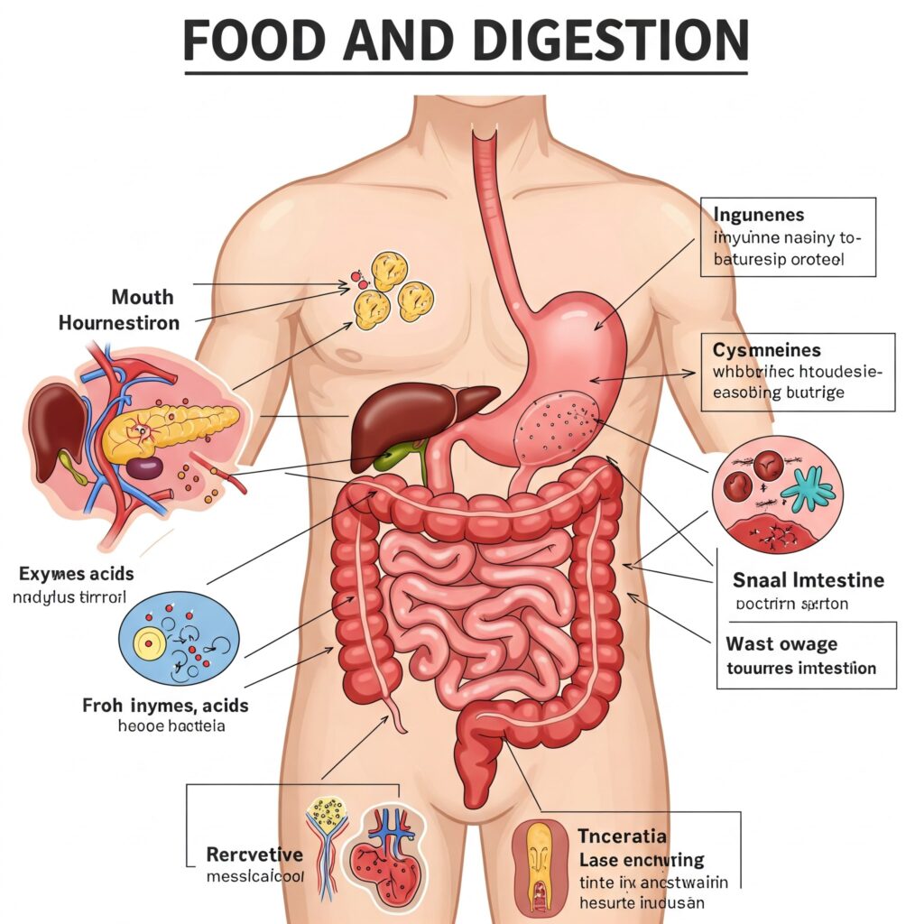 An educational infographic on Food & Digestion featuring: Human Digestive System: Labeled diagram from mouth to anus with organs (stomach, liver, intestines) Nutrient Types: Carbs, proteins, fats, vitamins with examples (bread, eggs, avocado) Enzyme Action: Amylase (mouth), pepsin (stomach), lipase (small intestine) breakdown processes.