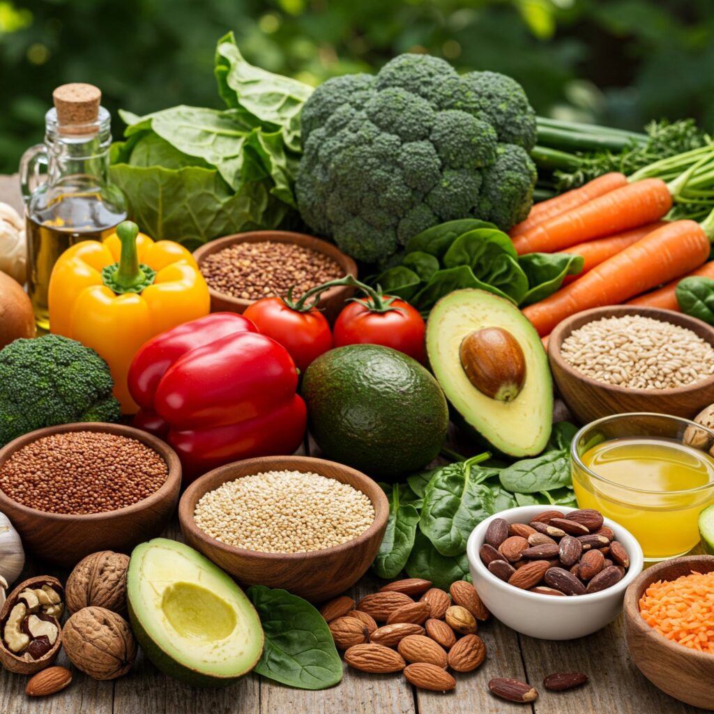 An educational infographic on Food & Nutrition featuring: Balanced Diet Plate: Color-coded sections for carbs (grains), proteins (meat/beans), fats (oils), vitamins (fruits/veggies), and dairy Nutrient Functions: Energy (carbs), growth (proteins), immunity (vitamins) with icon examples Deficiency Charts: Lack of Iron (anemia), Vitamin C (scurvy) with symptom visuals.