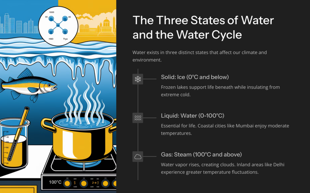 Important Water Concepts – A Must-Know Guide for Grade 9 Chemistry 3 Illustration showing water in three states: ice (solid), liquid water, and steam (gas), with additional visuals of a pond with fish under ice, a coastal city scene, a water molecule (H₂O) structure, and a water cycle diagram.
