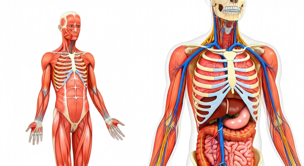 An illustrated infographic of the Human Body Systems featuring: Skeletal System: Labeled bones (skull, ribs, femur) with joints Circulatory System: Heart, arteries (red), veins (blue) with blood flow arrows Respiratory System: Lungs, diaphragm, and gas exchange in alveoli Nervous System: Brain, spinal cord, and neuron diagram