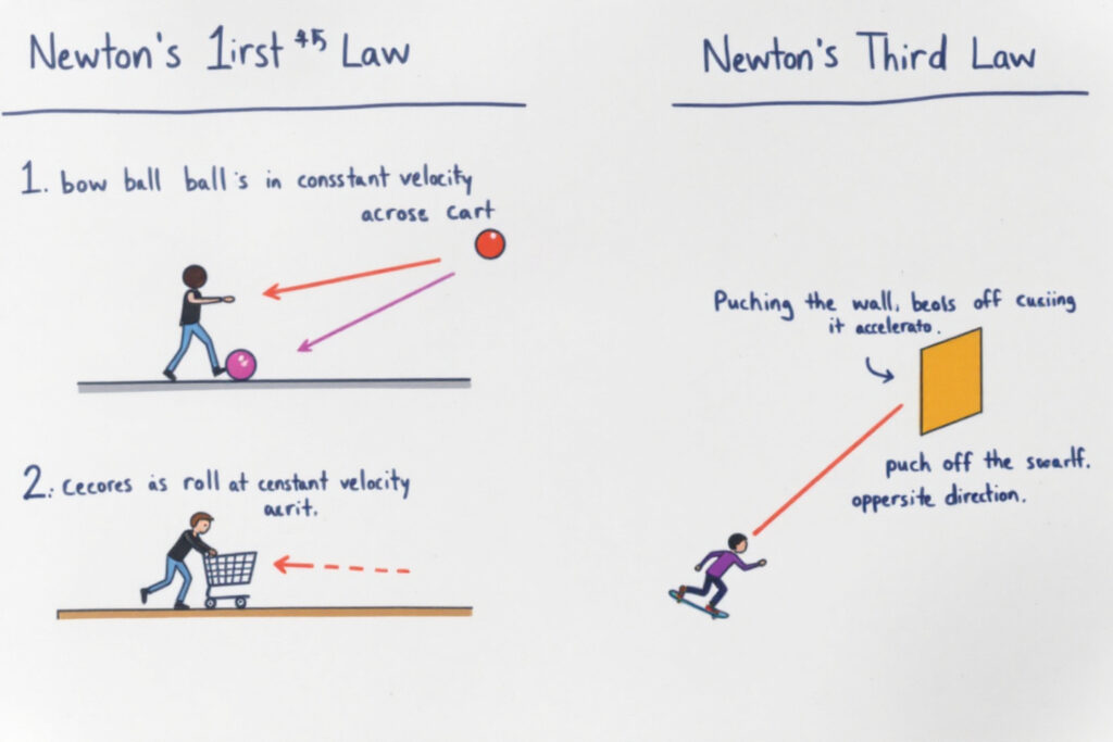 An educational infographic on Newton's Laws of Motion featuring: 1st Law (Inertia): A soccer ball at rest and in motion, with arrows showing unbalanced forces 2nd Law (F=ma): A truck accelerating vs. a bicycle, demonstrating mass-force relationships 3rd Law (Action-Reaction): Rocket propulsion with equal/opposite forces labeled Real-World Examples: Seatbelts (1st Law), car crashes (2nd Law), and swimming (3rd Law).