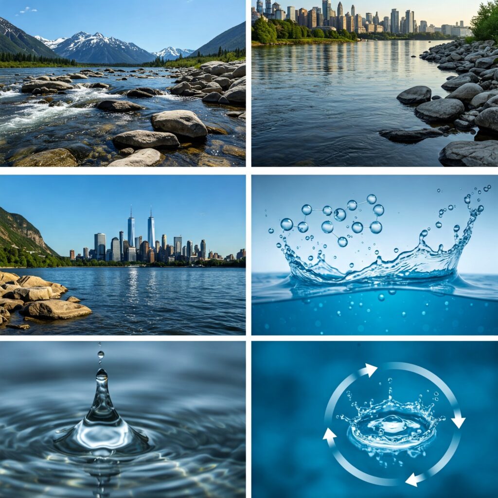 An educational infographic on Water Concepts featuring: Water Cycle: Evaporation, condensation, precipitation with arrows and icons States of Water: Solid (ice), liquid (water), gas (steam) with particle diagrams Properties: High heat capacity, surface tension, universal solvent examples Real-World Connections: Rainwater harvesting, ocean currents, and hydration in living cells.