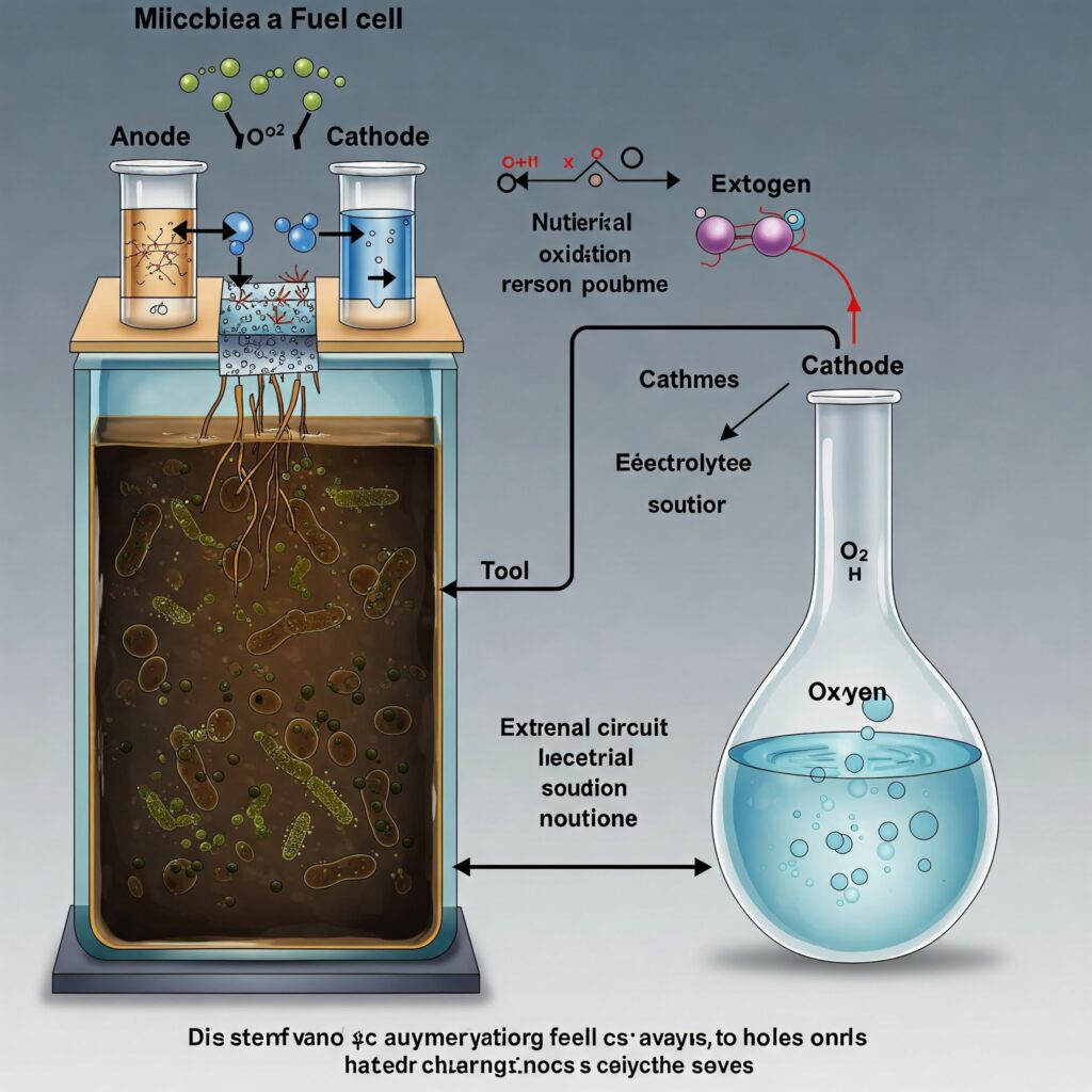 A scientific diagram illustrating a Microbial Fuel Cell (MFC) Setup with labeled components: Anode Chamber: Bacteria (e.g., Shewanella) breaking down organic matter, releasing electrons Proton Exchange Membrane (PEM): Allowing H⁺ ions to pass while blocking oxygen Cathode Chamber: Oxygen reduction reaction (O₂ + 4H⁺ + 4e⁻ → 2H₂O) Electrical Circuit: Wires connecting anode/cathode to a voltmeter showing current generation.