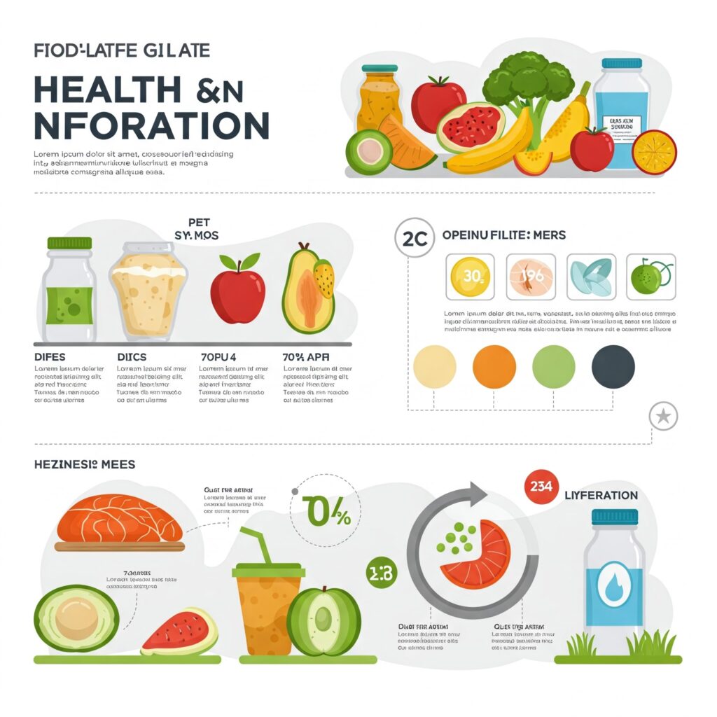 An educational infographic on Health, Nutrition & Musculoskeletal System featuring: Balanced Diet: Food pyramid with carbs, proteins, fats, vitamins/minerals Bone Structure: Labeled diagram of long bone (femur) showing compact/spongy tissue Muscle Types: Skeletal (voluntary), cardiac (heart), smooth (intestines) with microscopic views Nutrient-Role Links: Calcium → bone strength, Protein → muscle repair.