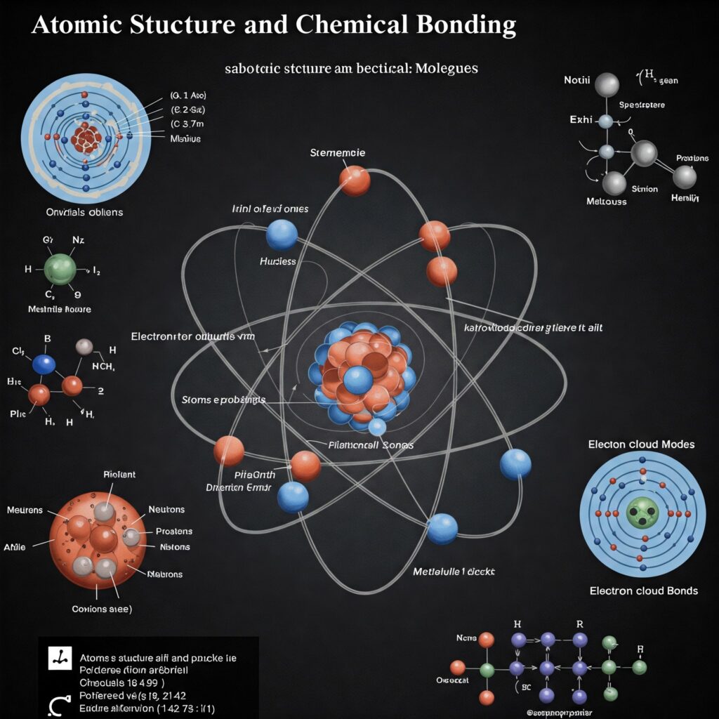atomic structure and chemical bonding 1 An educational infographic on Atomic Structure & Chemical Bonding featuring: Atomic Models: Bohr's atom with electron shells and modern orbital diagrams Bond Types: Ionic (Na⁺Cl⁻), Covalent (H₂O), and Metallic bonding visualized Periodic Trends: Electronegativity and valence electrons across groups Real-World Examples: Salt dissolution, diamond hardness, and metal conductivity.