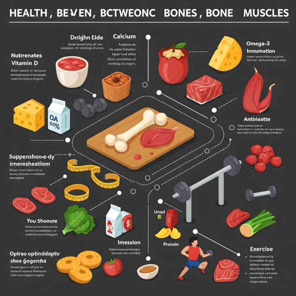 An educational infographic on Health, Nutrition, Bones & Muscles featuring: Balanced Diet Pyramid: Layers showing carbs, proteins, fats, vitamins/minerals Bone Structure: Labeled diagram of femur with compact/spongy bone and marrow Muscle Types: Skeletal (voluntary), smooth (involuntary), cardiac (heart) with microscope images