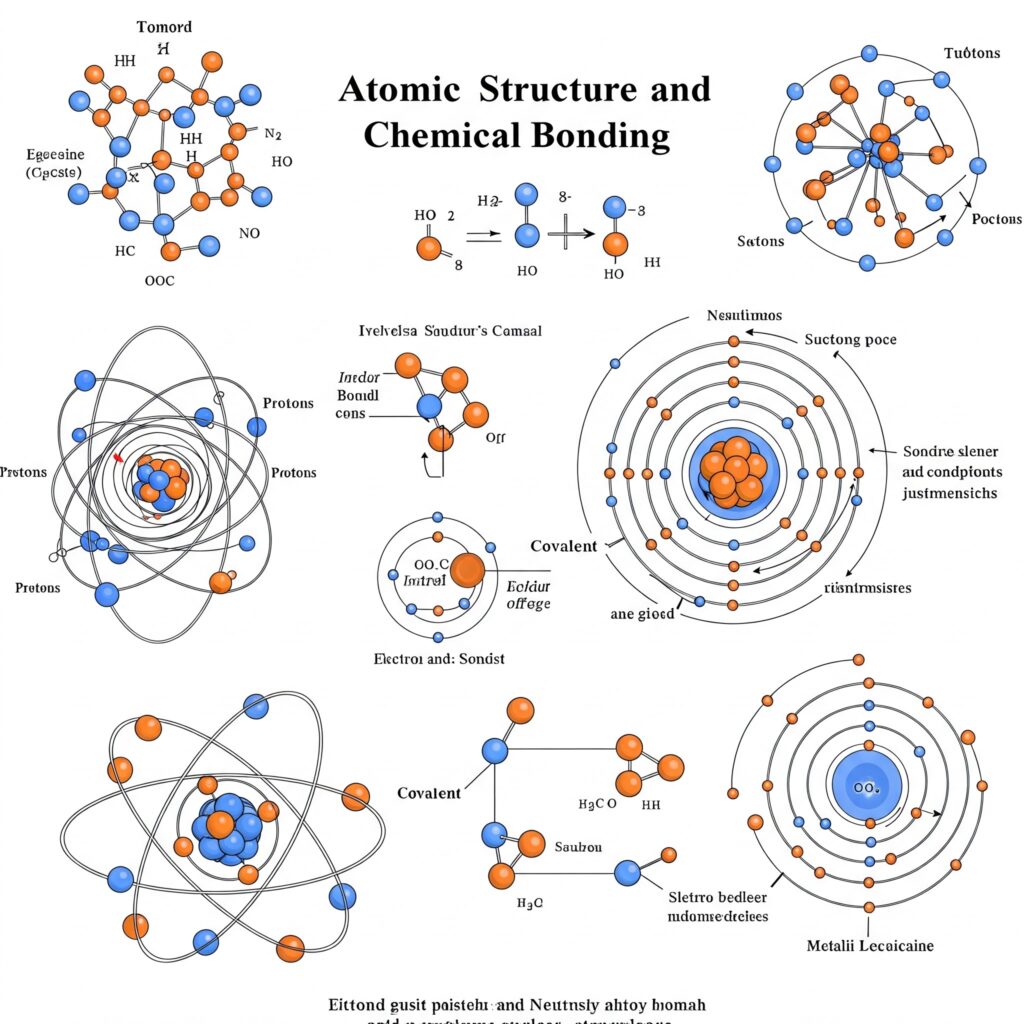 An educational infographic on Atomic Structure & Chemical Bonding featuring: Atomic Models: Bohr's atom with electron shells and modern orbital diagrams Bond Types: Ionic (Na⁺Cl⁻), Covalent (H₂O), and Metallic bonding visualized Periodic Trends: Electronegativity and valence electrons across groups.