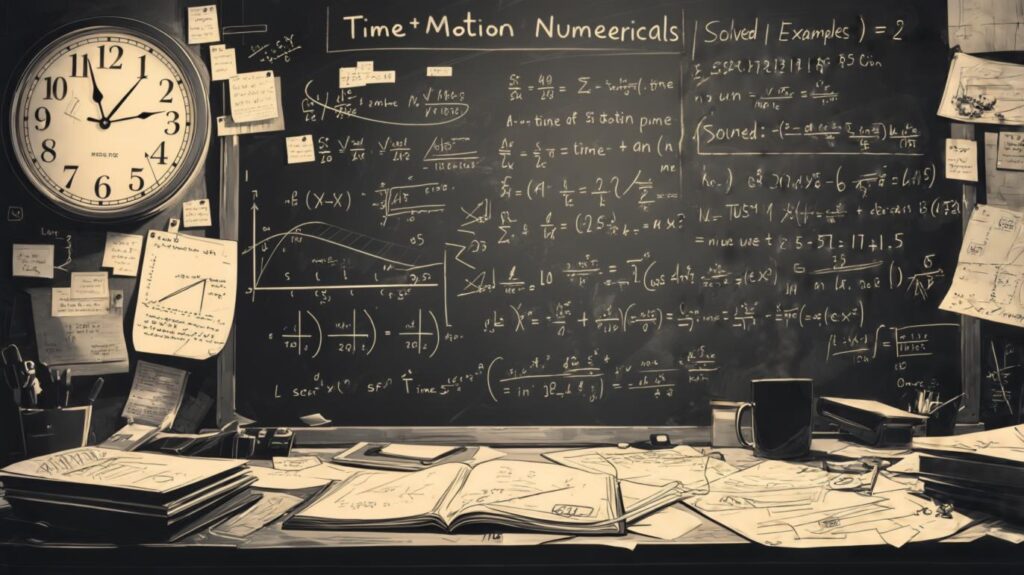 A physics infographic titled 'Time and Motion Numericals' featuring: Key Formulas: s=ut+½at², v=u+at prominently displayed Sample Problems: Step-by-step solutions for acceleration and projectile motion Graphical Analysis: Distance-time and velocity-time graphs with slope interpretations Real-World Contexts: Sports, traffic, and free-fall examples with calculations.