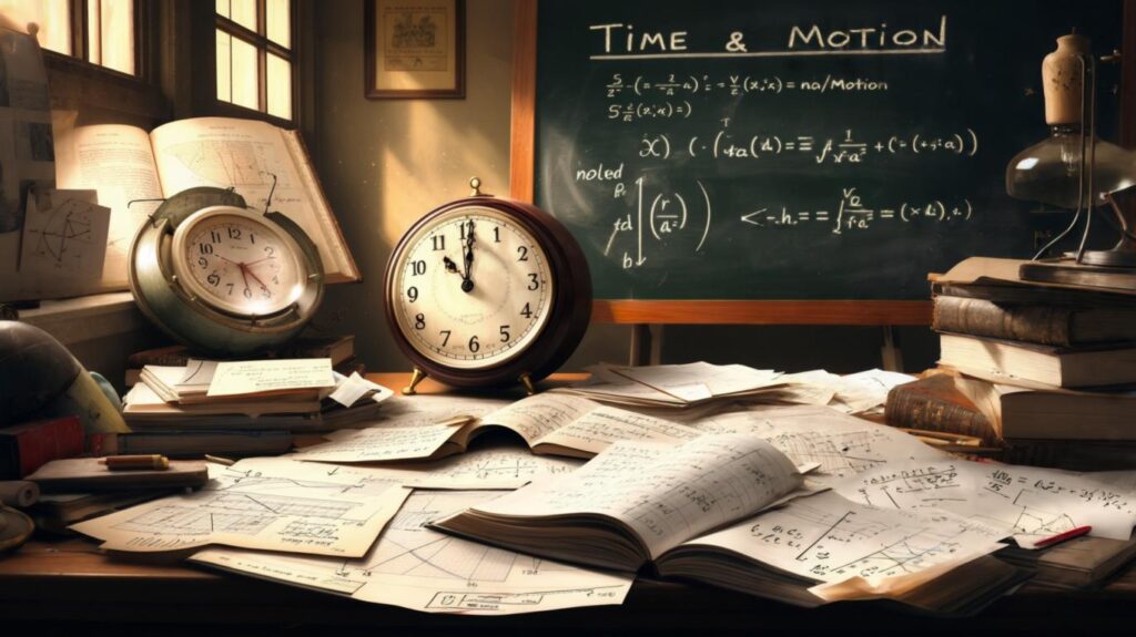 A physics educational graphic titled 'Time and Motion Numericals' featuring: Kinematic Equations (s=ut+½at², v=u+at) in highlighted boxes Solved Examples (projectile motion, free-fall problems with step-by-step solutions) Graphical Analysis (velocity-time and distance-time graphs with slope/area calculations).