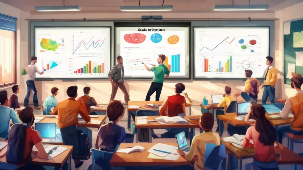 Class 10 Statistics Infographic showing key concepts like mean, median, mode, and graphs (bar graphs, histograms, pie charts) with examples and formulas.