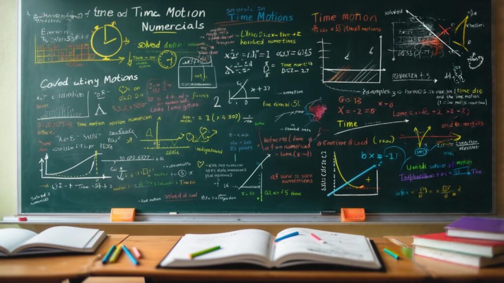 An educational image titled 'Time and Motion Numericals' featuring: Equations: s = u t + 1 2 a t 2 s=ut+ 2 1 ​ at 2 , v = u + a t v=u+at, and motion graphs. Solved Examples: Step-by-step calculations for displacement, acceleration, and velocity. Graphical Analysis: Distance-time and velocity-time graphs with labeled slopes (speed/acceleration).