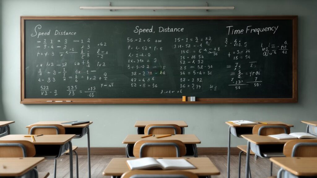 An educational infographic explaining time and motion problems with three key elements: Speed Calculations (speed=distance/time triangle formula) Distance-Time Graphs showing constant vs changing speed Frequency Applications (periodic motion examples like pendulums) Includes real-world examples (athletics, vehicles) and SI unit labels (m/s, Hz).