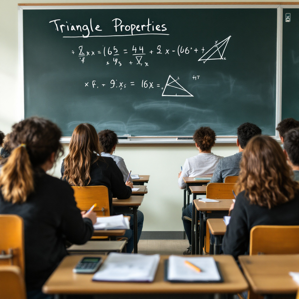 A scientific image titled "Triangle Properties" featuring mathematical equations with summation symbols, fractions, and variables (x, x₃).