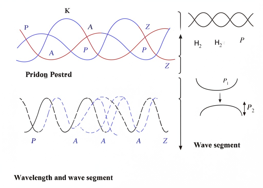 A scientific diagram illustrating wavelength and wave segments, with labeled axes (x, y) and a baseline (0). The wave is represented by a sinusoidal or similar curve, with key points marked for analysis.