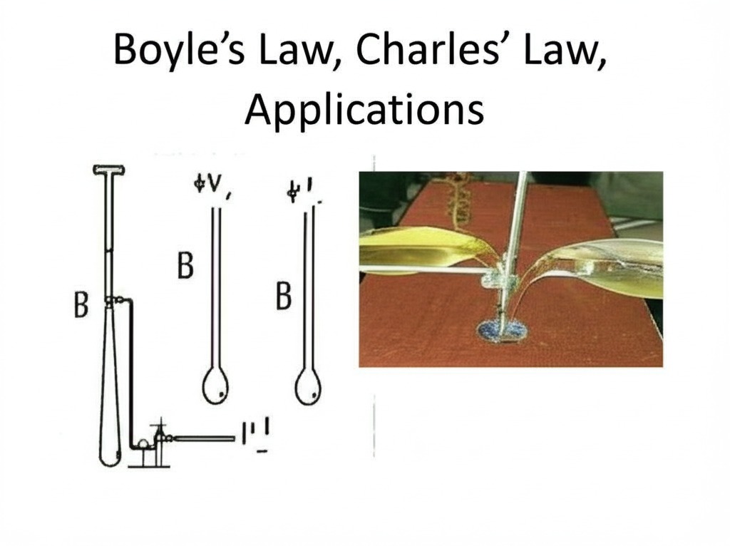 A scientific diagram titled "Boyle’s Law, Charles’ Law, Applications"