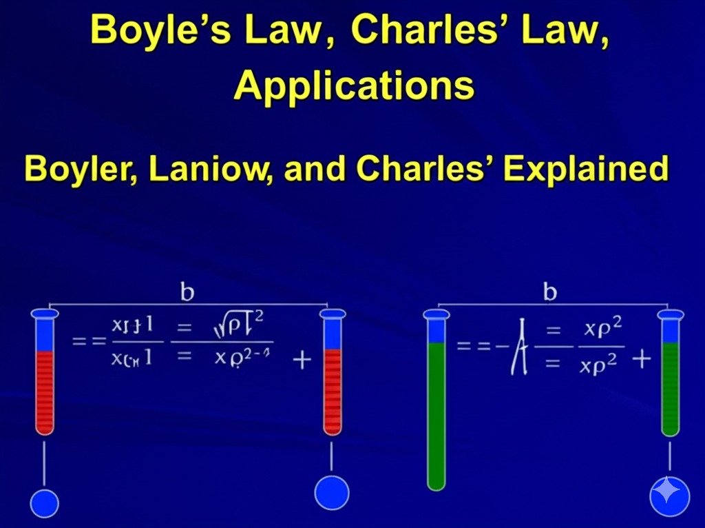 A scientific diagram titled "Boyle’s Law, Charles’ Law, Applications" featuring mathematical equations and theoretical notations.