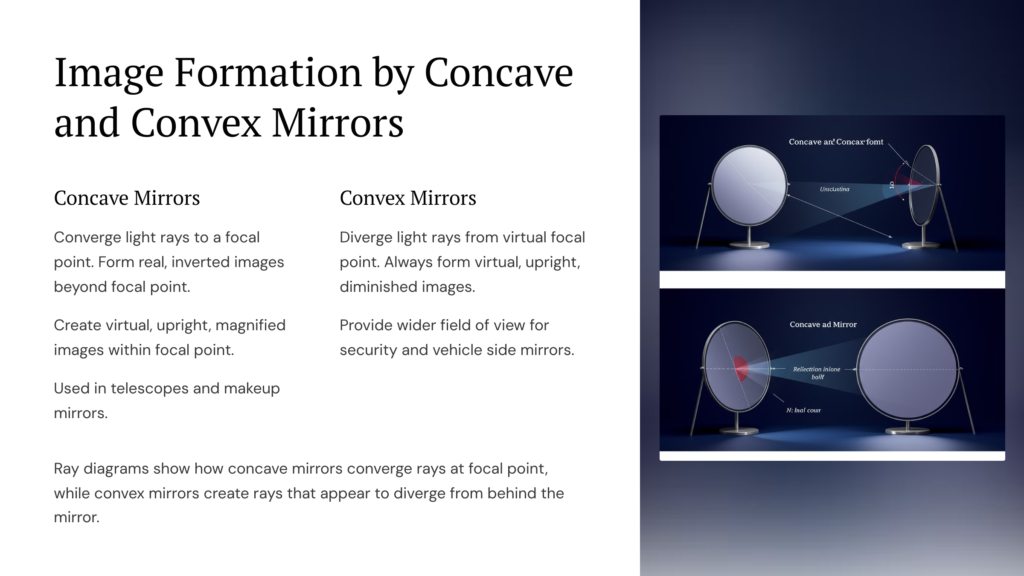 An educational diagram titled 'Image Formation by Concave and Convex Mirrors' illustrating how different mirror types manipulate light.