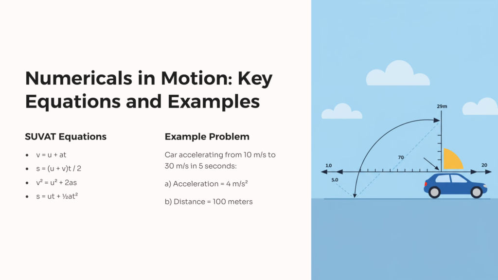An educational infographic titled 'Numericals in Motion: Key Equations and Examples' featuring the SUVAT equations of motion.